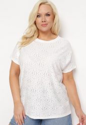 Biały T-shirt Koszulka z Krótkim Rękawem z Ażurowej Tkaniny Nispia. Białe t-shirty Born2be, plus size, w ażurowe wzory, z jeansu, eleganckie, bez kołnierzyka, bez ramiączek. Za 39.99 zł.