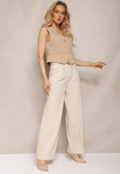 Beżowe Spodnie Szerokie High Waist Zapinane na Klamrę z Materiałowym Paskiem Etela. Brązowe jeansy Renee, l, bez wzorów, z bawełny, eleganckie, z podwyższonym stanem. W wyprzedaży za 80.99 zł.