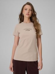 4F T-shirt slim z nadrukiem damski - beżowy XXL. Brązowe t-shirty 4f, l, bez wzorów, z jeansu, bez kołnierzyka, bez ramiączek. Za 49.99 zł.