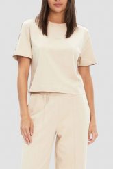 GUESS Beżowy bawełniany t-shirt damski z lampasami Britney, Rozmiar L. Brązowe t-shirty Guess, l, z aplikacjami, z bawełny, eleganckie, bez kołnierzyka, bez ramiączek. Za 219.99 zł.