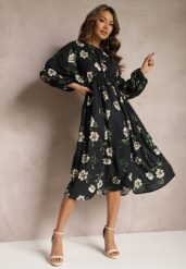 Czarno-Beżowa Midi Sukienka w Kwiaty o Rozkloszowanym Kroju z Rękawami Nietoperz Jervia. Czarne sukienki Renee, l, bez wzorów, eleganckie, bez kołnierzyka, bez ramiączek, midi, rozkloszowane. W wyprzedaży za 43.99 zł.