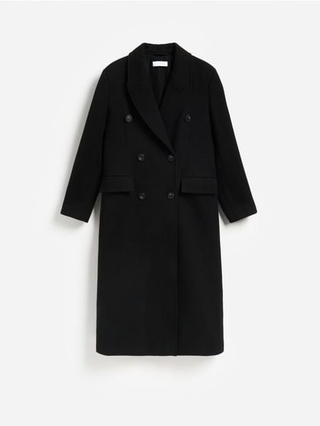 Dwurzędowy płaszcz - czarny. Czarne płaszcze Reserved, l, bez wzorów, z tkaniny, bez kaptura. Za 359.99 zł.