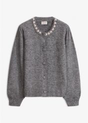 Sweter rozpinany z rękawami bufkami. Szare swetry bonprix, z aplikacjami, bez ramiączek. Za 149.99 zł.