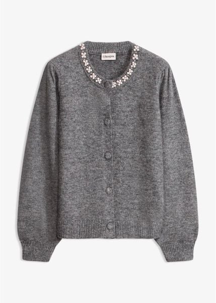 Sweter rozpinany z rękawami bufkami. Szare swetry bonprix, z aplikacjami, bez ramiączek. Za 149.99 zł.