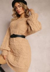 Beżowy Długi Sweter Oversize z Wypukłym Splotem All Over Somet. Brązowe swetry Renee, bez wzorów, ze splotem, casualowe, bez ramiączek. Za 79.99 zł.