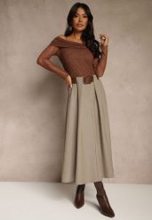 Beżowa Spódnica z Wiskozą o Rozkloszowanym Kroju z Paskiem z Klamrą Tiavela. Brązowe spódnice Renee, na co dzień, bez wzorów, z koronki, eleganckie, maxi, dopasowane. Za 109.99 zł.