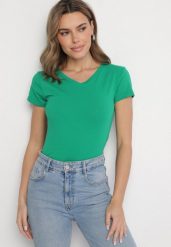 Ciemnozielony T-shirt z Bawełny z Trójkątnym Dekoltem Semiora. Zielone t-shirty Born2be, m, bez wzorów, z bawełny, klasyczne, bez kołnierzyka, bez ramiączek. W wyprzedaży za 33.99 zł.