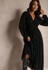 Czarna Sukienka w Welurowe Kwiaty z Transparentnymi Wstawkami o Rozkloszowanym Kroju Gelabira. Czarne sukienki Renee, l, bez wzorów, ze skóry, eleganckie, bez kołnierzyka, bez ramiączek, maxi, rozkloszowane. W wyprzedaży za 151.99 zł.