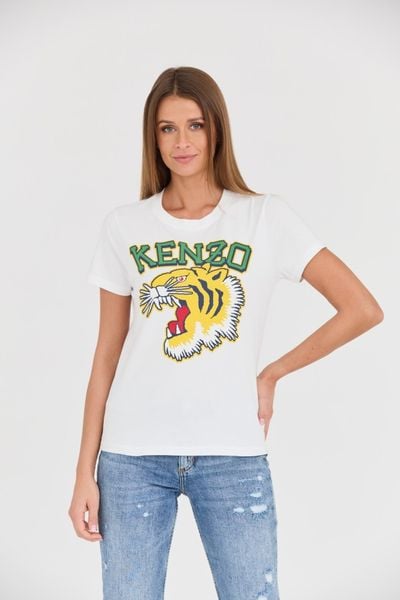 KENZO Biały damski t-shirt Tiger Varsity crewneck, Rozmiar S. Białe t-shirty Kenzo, s, bez wzorów, bez kołnierzyka, bez ramiączek. W wyprzedaży za 399.99 zł.