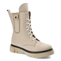 Botki damskie Blu, z naturalnej skóry licowej na grubej traktorowej podeszwie, beżowe, 109-7 G. Brązowe botki Blu, z aplikacjami, z materiału, eleganckie, bez obcasa, na obcasie, bez zapięcia. Za 419.00 zł.