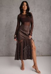 Brązowa Satynowa Spódnica Ozdobiona Rozcięciem na Nogę i Koronką Saviraet. Brązowe spódnice Renee, l, bez wzorów, z koronki, eleganckie, midi. Za 149.99 zł.