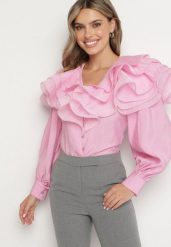 Różowa Elegancka Koszula Ozdobiona Falbanami i Guzikami Leristta. Czerwone koszule Born2be, m, bez wzorów, z jeansu, eleganckie, bez kołnierzyka, bez ramiączek. W wyprzedaży za 144.49 zł.