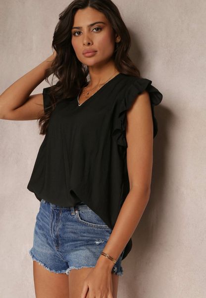 Czarna Bluzka z Metaliczną Nitką i Falbankami Dollitta. Czarne bluzki Renee, xl, z aplikacjami, z tkaniny, bez kołnierzyka, bez ramiączek. Za 19.99 zł.