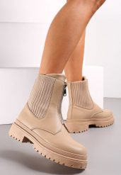 Beżowe Botki Workery z Suwakiem z Przodu i Dzianinową Cholewką Jakise. Brązowe botki Renee, bez wzorów, z dzianiny, bez obcasa, na płaskiej podeszwie, bez zapięcia. Za 104.99 zł.