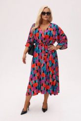 Sukienka Noelia - Fiesta - w żywy miks turkusu, czerwieni i fioletu w kulistym wzorze PLUS SIZE XXL OVERSIZE. Czerwone sukienki Moda Size Plus Iwanek, do pracy, plus size, bez wzorów, z materiału, biznesowe, bez kołnierzyka, plus size, bez ramiączek, mini, oversize. Za 349.90 zł.