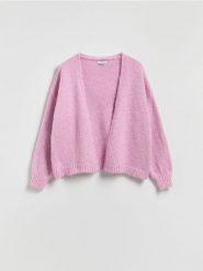 Kardigan z dodatkiem wełny - różowy. Czerwone swetry Reserved, l, bez wzorów, z dzianiny, bez ramiączek. Za 139.99 zł.