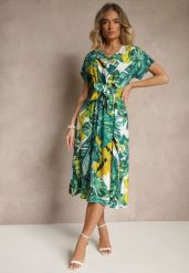Ciemnozielona Sukienka o Rozkloszowanym Kroju w Liście z Paskiem Pumale. Zielone sukienki Renee, na co dzień, l, bez wzorów, eleganckie, bez kołnierzyka, bez ramiączek, midi, proste. W wyprzedaży za 55.99 zł.