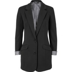Długi żakiet z dżerseju z bawełny. Czarne marynarki i żakiety bonprix, bez wzorów, z bawełny, eleganckie, bez ramiączek. Za 209.99 zł.