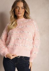 Różowy Sweter z Dodatkiem Bawełny Ozdobiony Kolorową Nicią Raiqua. Czerwone swetry Renee, l, bez wzorów, z bawełny, casualowe, bez ramiączek. W wyprzedaży za 79.99 zł.