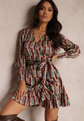 Brązowa Sukienka Kopertowa w Geometryczny Wzór Rangi. Brązowe sukienki Renee, na imprezę, l, bez wzorów, eleganckie, bez kołnierzyka, bez ramiączek, mini, kopertowe. W wyprzedaży za 76.99 zł.