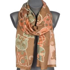 Beżowy Duży Szalik Damski Bawełniany Ciepły Dwustronny Koty Ax-127. Brązowe szaliki i kominy bez wzorów, z bawełny, eleganckie. Za 59.99 zł.