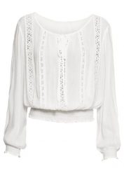 Bluza nakładana przez głowę z miękkiej wiskozy. Białe bluzy bonprix, bez wzorów, z koronki, bez ramiączek, bez kaptura. Za 139.99 zł.