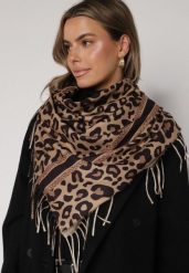 Ciemnobrązowy Panterkowy Szalik z Wiskozy Zdobiony Frędzlami Ferenea. Brązowe szaliki i kominy Born2be, z aplikacjami, z wiskozy, eleganckie. Za 39.99 zł.