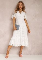 Biała Sukienka Corelaia. Białe sukienki Renee, s, bez wzorów, z koronki, klasyczne, bez kołnierzyka, bez ramiączek, midi, rozkloszowane. W wyprzedaży za 103.99 zł.