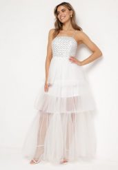 Biała Sukienka Maxi z Tiulowymi Falbanami i Ozdobnymi Cekinami Joliette. Białe sukienki Born2be, m, bez wzorów, z materiału, bez kołnierzyka, bez ramiączek, maxi, rozkloszowane. W wyprzedaży za 186.99 zł.