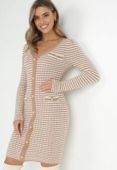 Beżowa Sukienka Sweterkowa w Paski z Guzikami Sietili. Brązowe sukienki Born2be, na co dzień, s, bez wzorów, eleganckie, bez kołnierzyka, bez ramiączek, mini. W wyprzedaży za 76.49 zł.