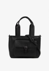 Czarna Torebka Shopperka z Kieszonką z Klamrą i Dodatkowym Paskiem Koladoria. Czarne shopper bag Born2be, bez wzorów, z jeansu, biznesowe, na ramię, bez dodatków. W wyprzedaży za 84.99 zł.