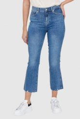 7 FOR ALL MANKIND Jasnoniebieskie jeansy z poszarpanymi nogawkami HW Slim Kick. Niebieskie jeansy 7 for all mankind, s, bez wzorów, z bawełny. W wyprzedaży za 499.99 zł.