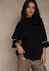 Czarny Sweter Ozdobiony Lamówką na Rękawach Tusenna. Czarne swetry Renee, bez wzorów, z jeansu, casualowe, bez ramiączek. Za 89.99 zł.