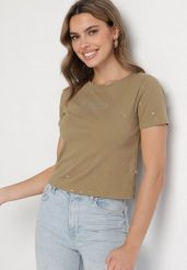 Ciemnozielony Bawełniany T-shirt Ozdobiony Cyrkoniami i Brokatem Halirea. Zielone t-shirty Born2be, m, z aplikacjami, z bawełny, eleganckie, bez kołnierzyka, bez ramiączek. Za 59.99 zł.