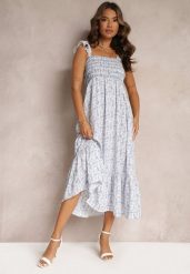 Niebieska Maxi Sukienka Rozkloszowana na Ramiączkach z Falbankami Azah. Niebieskie sukienki Renee, l, bez wzorów, bez kołnierzyka, bez ramiączek, maxi, rozkloszowane. W wyprzedaży za 91.99 zł.