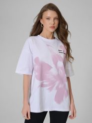 4F T-shirt loose z nadrukiem damski - biały XS. Białe t-shirty 4f, xs, bez wzorów, z dzianiny, eleganckie, bez kołnierzyka, bez ramiączek. Za 69.99 zł.