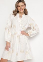 Biała Bawełniana Sukienka w Palmy z Wiązaniem Evivirae. Białe sukienki Born2be, na spacer, l, bez wzorów, z bawełny, eleganckie, bez kołnierzyka, bez ramiączek, midi. Za 159.99 zł.