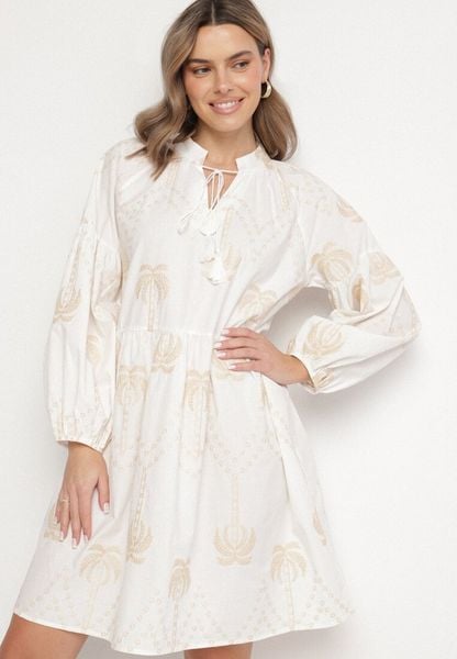 Biała Bawełniana Sukienka w Palmy z Wiązaniem Evivirae. Białe sukienki Born2be, na spacer, l, bez wzorów, z bawełny, eleganckie, bez kołnierzyka, bez ramiączek, midi. Za 159.99 zł.