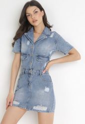 Niebieska Sukienka Mini z Jeansu z Przetarciami i Kołnierzem Anula. Niebieskie sukienki Born2be, l, bez wzorów, z jeansu, bez kołnierzyka, bez ramiączek, mini. Za 209.99 zł.