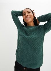 Sweter z okrągłym dekoltem i wzorem w warkocze. Zielone swetry bonprix, bez wzorów, bez ramiączek. Za 99.99 zł.