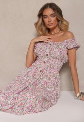 Różowa Sukienka z Bawełny Ozdobiona Guzikami i Bufiastymi Rękawami Zelliova. Czerwone sukienki Renee, na co dzień, l, bez wzorów, z bawełny, eleganckie, bez kołnierzyka, bez ramiączek, midi, kopertowe. W wyprzedaży za 39.99 zł.