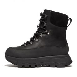 Buty FitFlop Neo-D-Hyker Waterproof Fabric/Suede Walking Boots W GP3-090 czarne. Czarne botki bez wzorów, z materiału, bez obcasa, bez zapięcia. Za 866.33 zł.