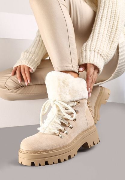 Beżowe Traperki z Futerkiem na Grubej Podeszwie Tairene. Brązowe traperki Renee, bez wzorów, z jeansu, klasyczne, bez obcasa, bez zapięcia. Za 129.99 zł.