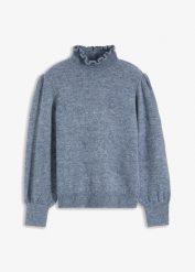 Sweter z golfem i falistym wykończeniem. Szare swetry bonprix, bez wzorów, bez ramiączek. Za 129.99 zł.