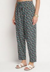 Zielono-Czarne Wiskozowe Spodnie z Wysokim Stanem w Kwiaty Liorelle. Zielone jeansy Born2be, bez wzorów, z jeansu, biznesowe, z podwyższonym stanem. Za 59.99 zł.