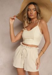 Beżowe Szorty High Waist ze Sznurkiem Olnelia. Brązowe szorty Renee, bez wzorów, sportowe. W wyprzedaży za 31.99 zł.