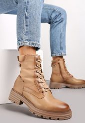 Beżowe Botki w Stylu Workerów Grunge Lenikka. Brązowe botki Renee, bez wzorów, z jeansu, bez obcasa, na płaskiej podeszwie, bez zapięcia. Za 89.99 zł.
