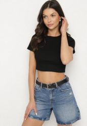 Czarny Bawełniany Prążkowany T-shirt Nelzedi. Czarne t-shirty Born2be, m, bez wzorów, z bawełny, eleganckie, bez kołnierzyka, bez ramiączek. Za 39.99 zł.