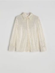 Koszula z cekinami - kremowy. Białe koszule Reserved, l, bez wzorów, z tkaniny, bez kołnierzyka, bez ramiączek. W wyprzedaży za 89.99 zł.