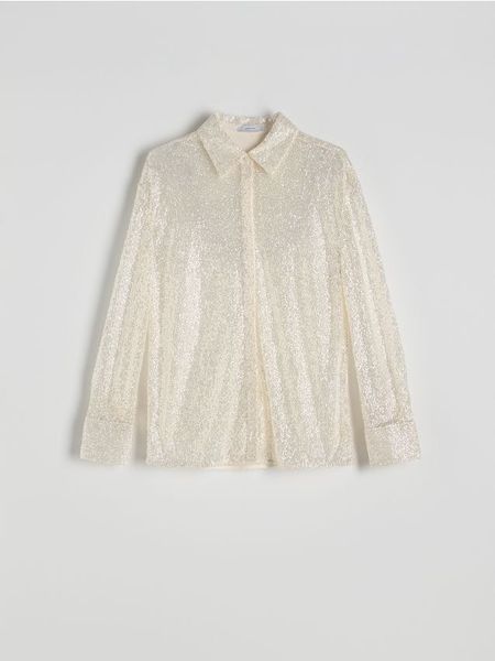 Koszula z cekinami - kremowy. Białe koszule Reserved, l, bez wzorów, z tkaniny, bez kołnierzyka, bez ramiączek. W wyprzedaży za 89.99 zł.